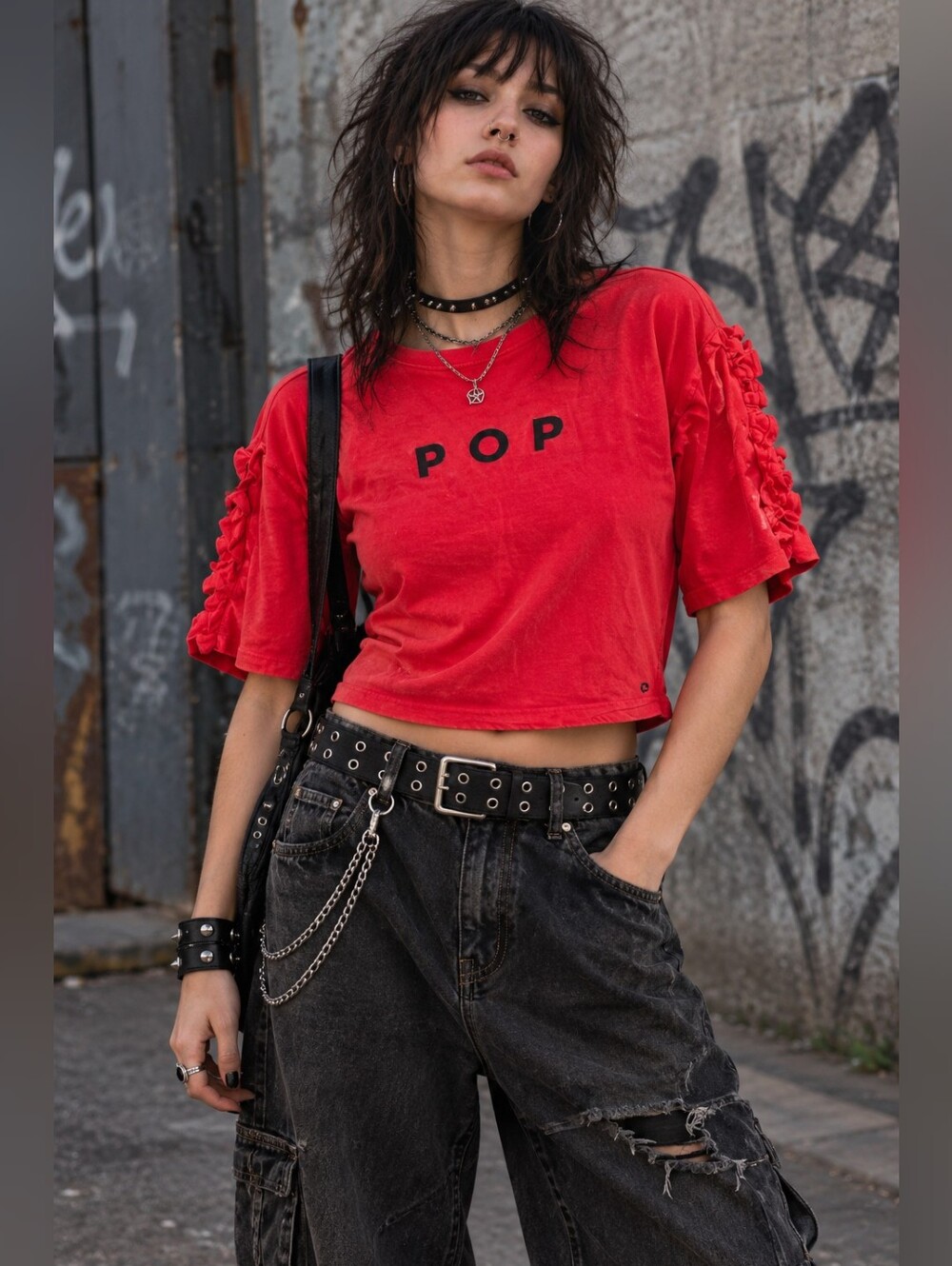 Red Ruffle Sleeve Tee with Black Raised Vinyl POP Logo Punk, Grunge
